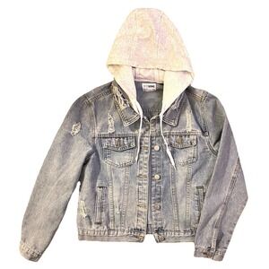 Distressed Jean Jacket Sz. Med Womens w/hood, Denim, Trucker, 80s Style, CI Sono